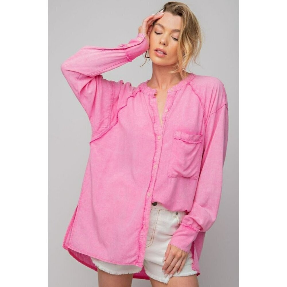 Jadey Mineral Washed Button Down Tunic in Barbiie Pink